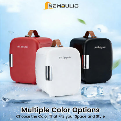 NEWBULIG Mini Fridge for Bedroom, Office & Car, Portable 4L/4.23QT Mini Refrigerator for Skincare with Handle, Ultra-Quiet Energy-Saving Compact Cooler for Drinks, Food, Skincare & Makeup, 12V AC/DC