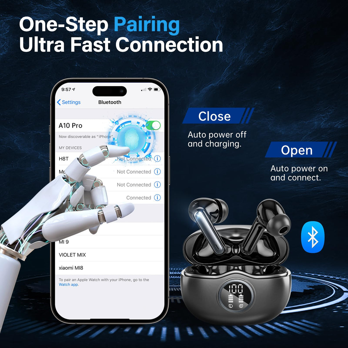 Sisism A10 Pro Wireless Earbuds, Bluetooth 5.3 Headphones HiFi Stereo 50H Playback LED Digital Display Ear Buds with ENC Noise Canceling Headset, IPX7 Waterproof Earphones for Gym/Running/Work - Black