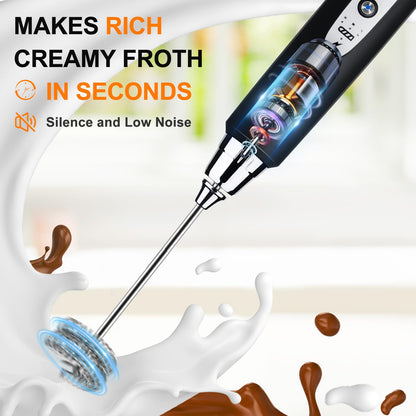 YUSWKO Black Handheld Milk Frother Wand for Coffee, Rechargeable Electric Whisk with 3 Heads 3 Speeds Drink Mixer Coffee Frother For Latte, Cappuccino, Hot Chocolate, Egg