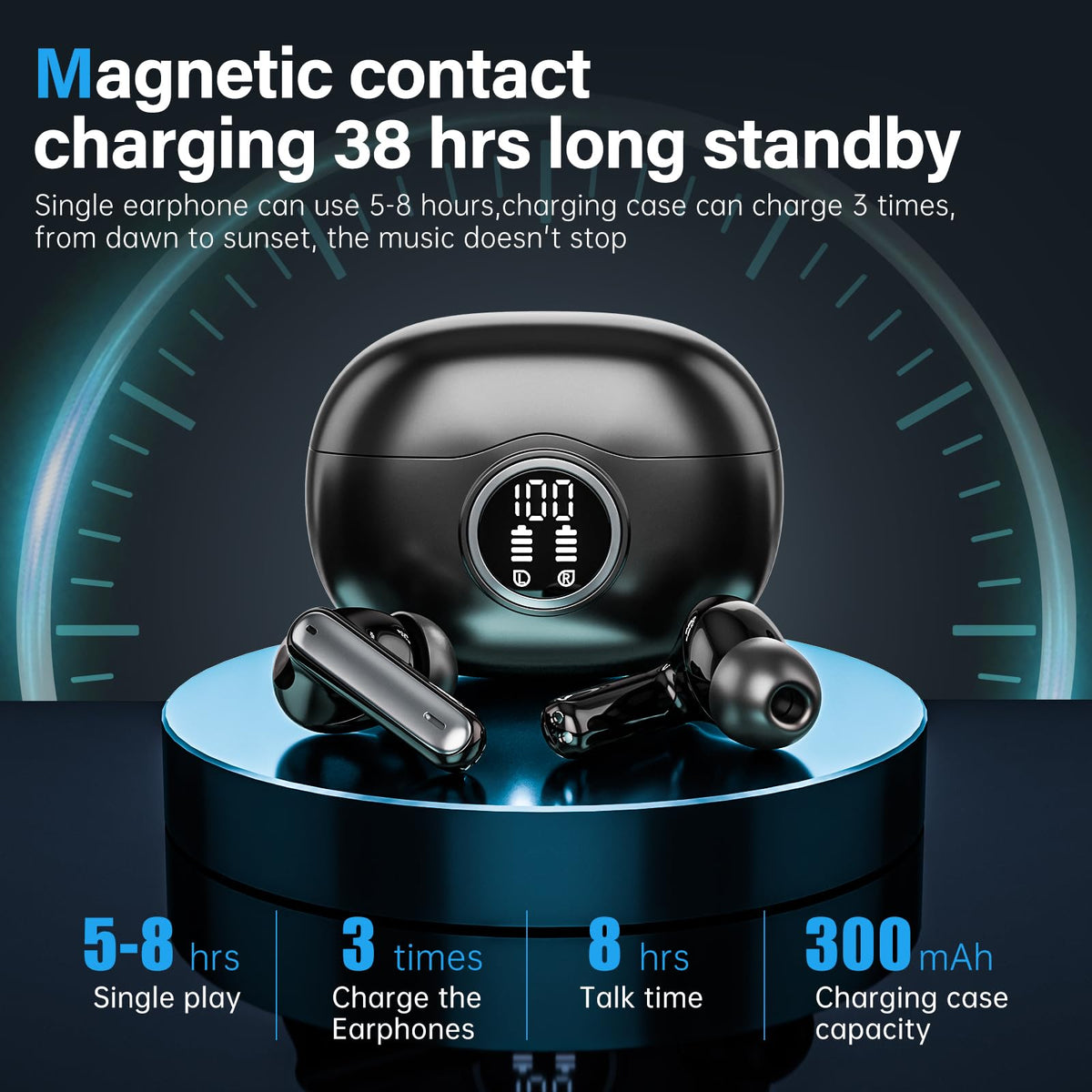 Sisism A10 Pro Wireless Earbuds, Bluetooth 5.3 Headphones HiFi Stereo 50H Playback LED Digital Display Ear Buds with ENC Noise Canceling Headset, IPX7 Waterproof Earphones for Gym/Running/Work - Black