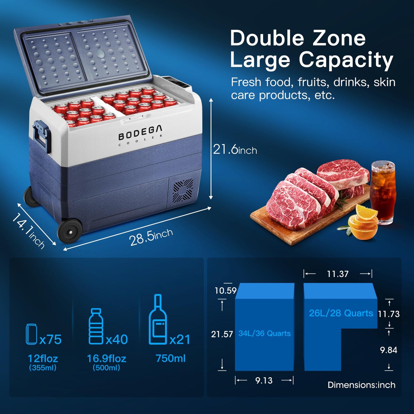 BODEGACOOLER 12 Volt Refrigerator,64 Quart Car Fridge Dual Zone WIFI APP Control,Portable Refrigerator Freezer （60L）-4℉-68℉,12v Cooler Fridge,12/24V DC and 100-240V AC for Outdoor,Camping,Travel,RV