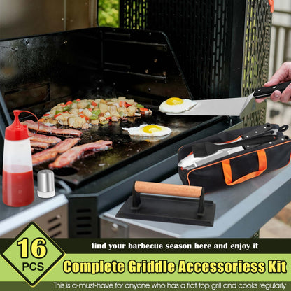 HaSteeL Griddle Accessories Kit of 16, Professional Stainless Steel Griddle Spatula Tools in Storage Bag, Heavy Duty Metal Spatulas/Chopper/Burger Press/Melting Dome for Teppanyaki Flat Top BBQ Grill