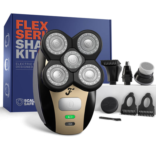 Freebird FlexSeries Electric Head & Body Hair Shaver - Mens Cordless Rechargeable Wet/Dry Skull Bald Head Back & Groin Waterproof Razor with Rotary Blades, Clippers, Nose Trimmer, Brush, Massager