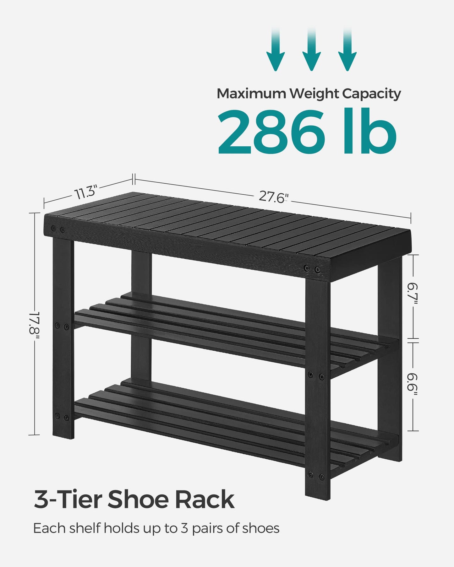 SONGMICS Shoe Rack Bench, 3-Tier Bamboo Shoe Storage Organizer, Entryway Bench, Holds Up to 286 lb, 11.3 x 27.6 x 17.8 Inches, for Entryway Bathroom Bedroom, Ink Black ULBS04H