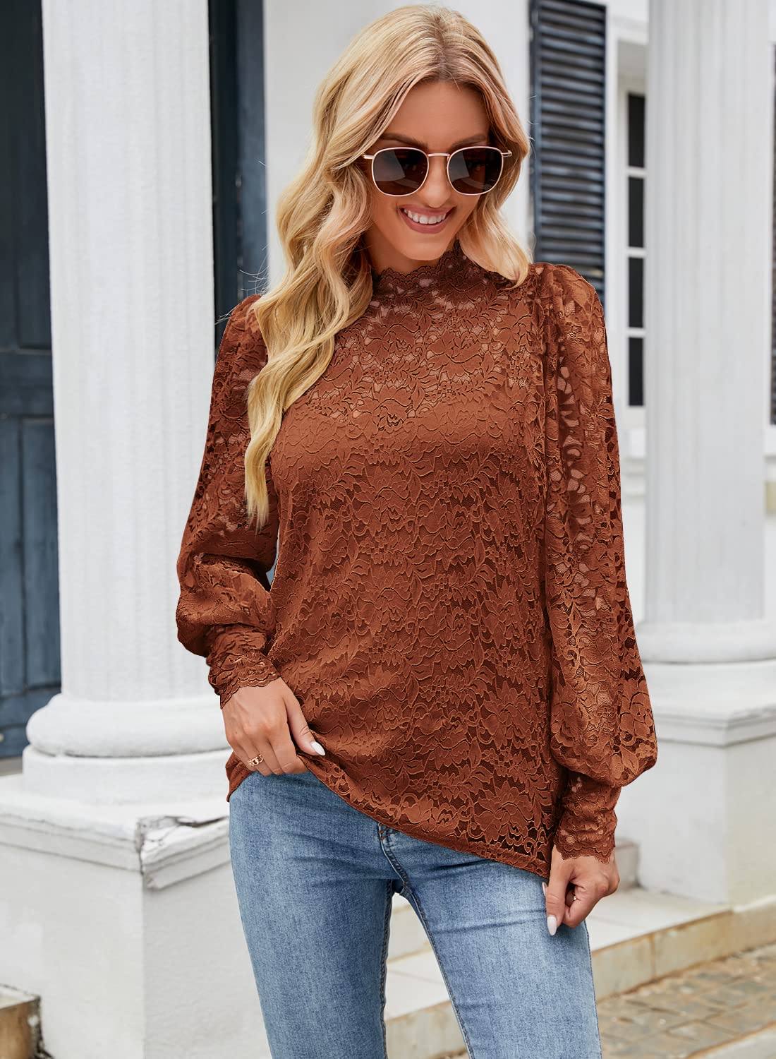 DOROSE Womens Tops Dressy Casual Fall Lace Long Sleeve Blouses Shirts Coffee S