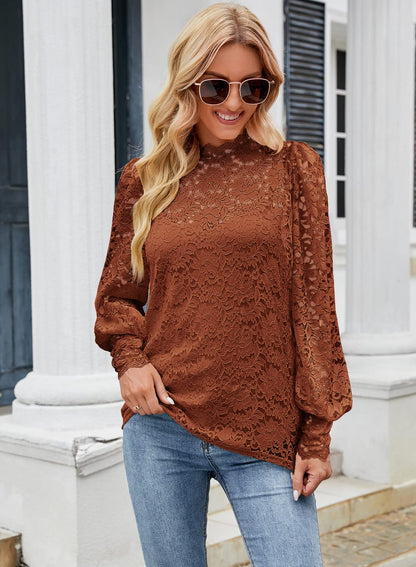 DOROSE Womens Tops Dressy Casual Fall Lace Long Sleeve Blouses Shirts Coffee S