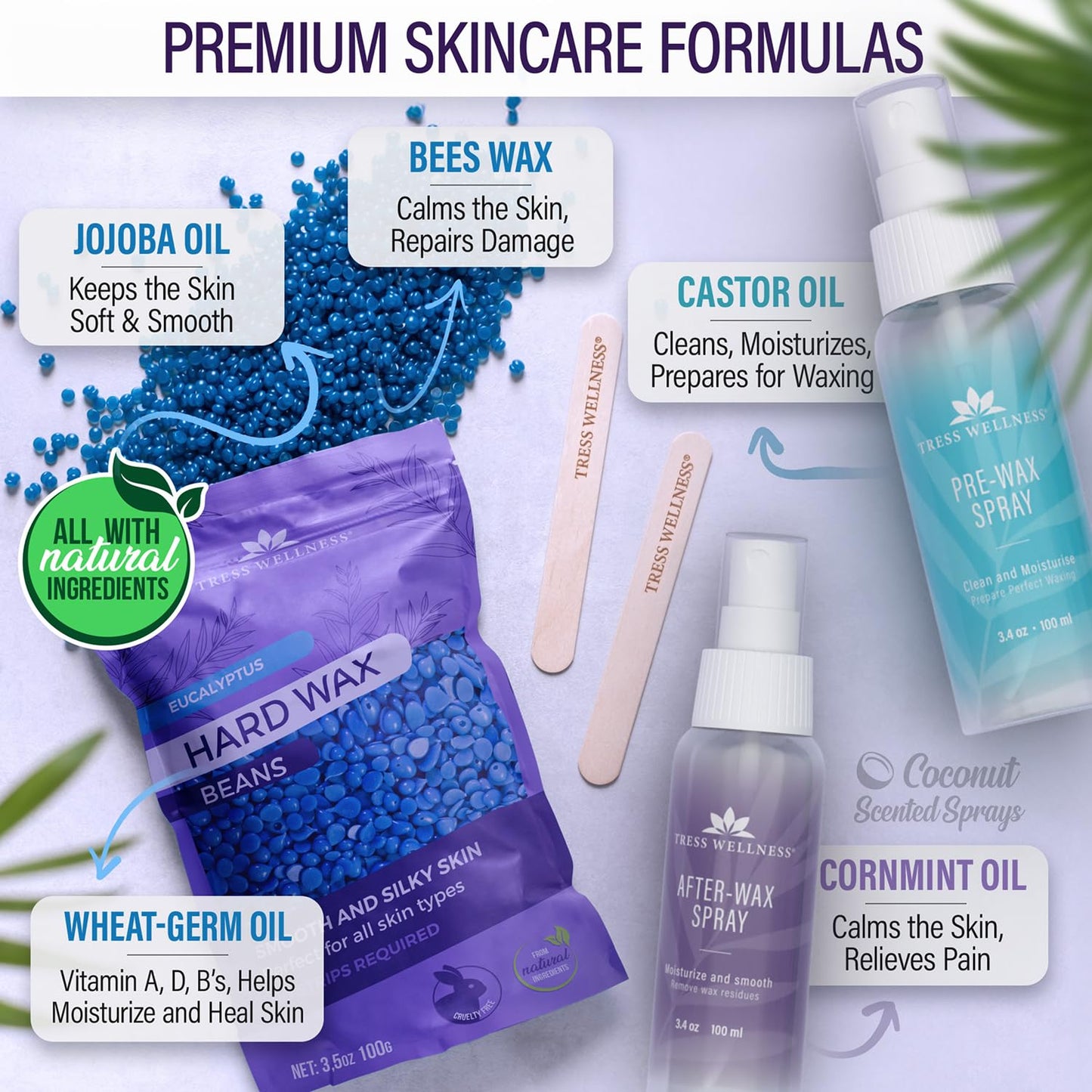 Tress Wellness Waxing Kit for Sensitive Skin, Safe for Face & Skin, Prep & Aftercare Spray, Easy to Use, At-Home Kit for Face, Bikini, Brazilian & Full Body - Digital Display, Black Purple Flower