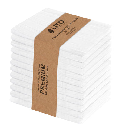 LITO LINEN AND TOWEL Flour Sack Towels – 100% Cotton, 28x28 Inches, Highly Absorbent, Embroidery-Ready Tea Towels for Kitchen & Crafts, Farmhouse Decor, Pack of 12 White