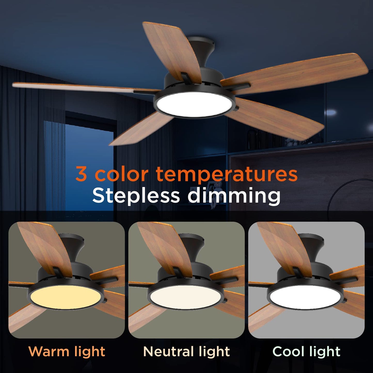 TALOYA 52 inch Ceiling Fans with Lights,Remote Control Multifunctional Quiet Fan with Three Color Temperature and Dimmable Light with Reversible Blades Black