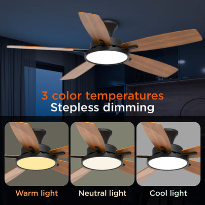 TALOYA 52 inch Ceiling Fans with Lights,Remote Control Multifunctional Quiet Fan with Three Color Temperature and Dimmable Light with Reversible Blades Black