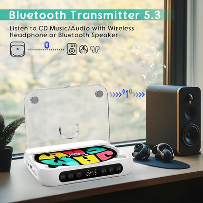 SKYANS Portable CD Player with Bluetooth 5.3, 2000mAh Rechargeable CD Players for Home/Car, Built-in HiFi Speaker, Headphones, LCD Screen, Supports CD/AUX/USB and Repeat Modes, White
