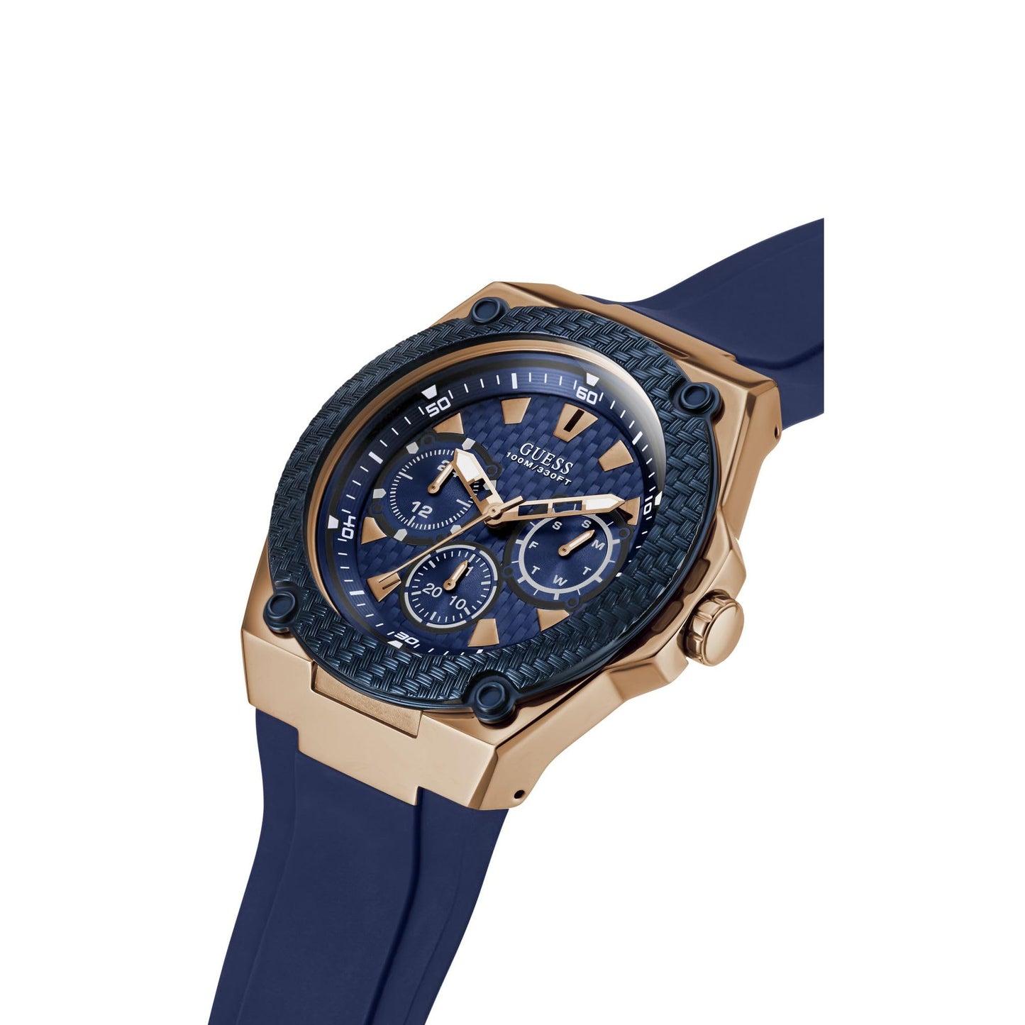 GUESS Comfortable Iconic Blue Stain Resistant Watch with Rose Gold-Tone Day, Date + 24 Hour Military/Int'l Time. Color: Blue (Model: U1049G2)
