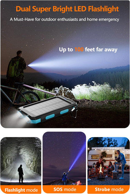 Power Bank 36800mAh Solar Portable Charger with USB-C 5V/2.4A Fast Charging Compatible with iPhone, with 2 LED Flashlights and IPX5 Waterproof External Backup Battery Pack Perfect for Camping, Hiking