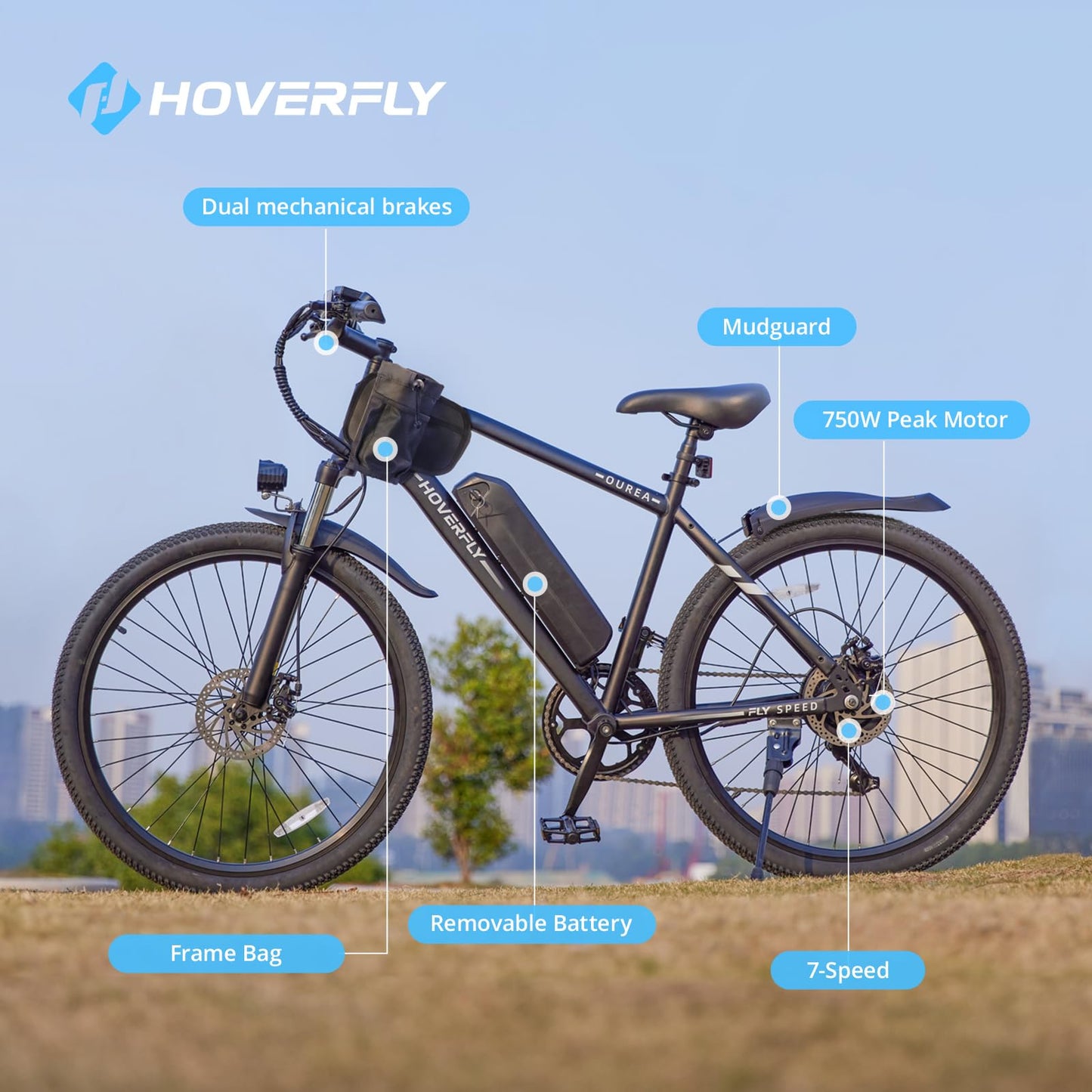 HOVERFLY OUREA Electric Bike 26", 750W Peak Motor Mountain Ebike,Up to 40 Miles 20MPH Removable Battery, 7-Speed and Shock Absorber, UL2849 Certified, Electric Commuter Bike for Adults White