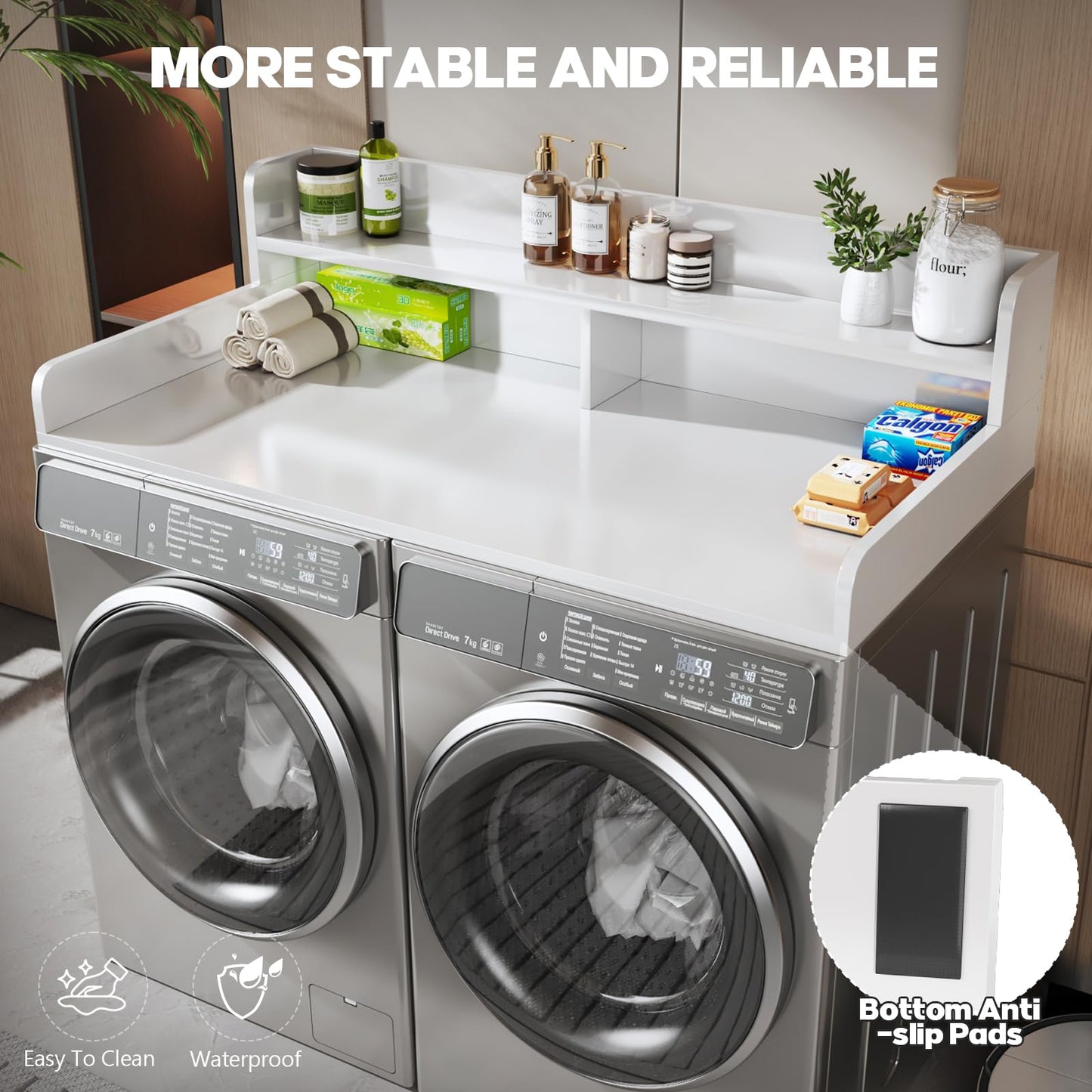 BigPonPon 2-Tier Washer and Dryer Countertop with 2.75" H Guard,54" W x 27.5" D Laundry Countertop Cover with Non-Slip Pad,Large Space Laundry Topper for Folding Clothes Over Washer and Dryer-White