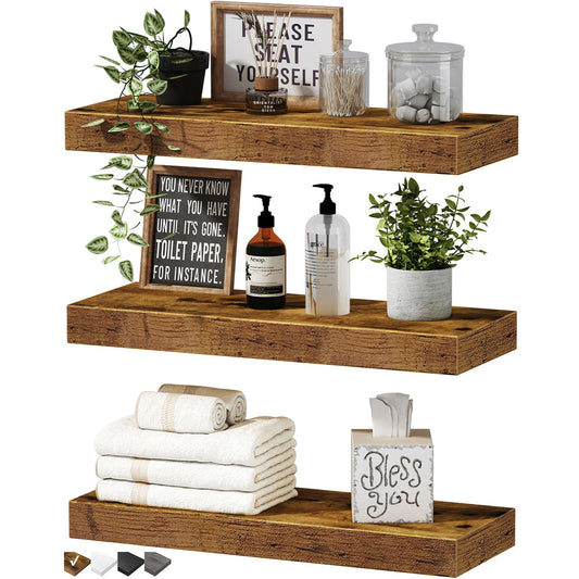 QEEIG Floating Shelves for Wall Bathroom Shelf Bedroom Kitchen Living Room Hanging Book Shelves Small Farmhouse Decor 16 inch Set of 3, Rustic Brown (015-BN3)