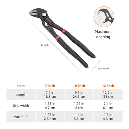 Amazon Basics 3-Piece Quick Release Groove Joint Pliers Set, Drop Forged Chrome Vanadium Steel, Includes 7-inch,10-inch, and 12-inch, Black