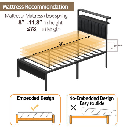 Furnulem Twin Size Bed Frame with Charging Station and LED Lights, Platform Bed with Metal Slats, Grey Upholstered Headboard with 2-Tier Storage Shelves, No Box Spring Needed