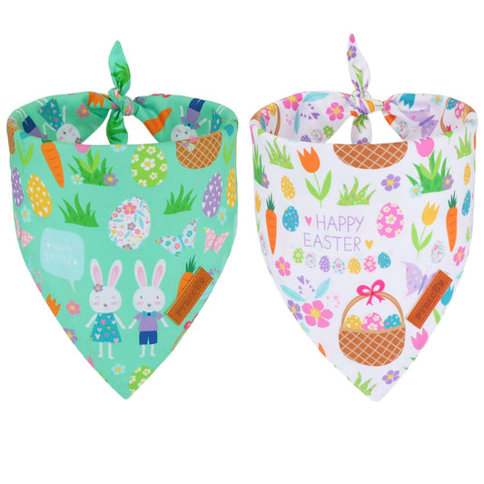 PTDECOR Easter Dog Bandana, Reversible Rabbit Easter Egg Dog Scarf, Multi Size, White Green Bandanas for Medium Large Dogs Pets (White&Green, Large)