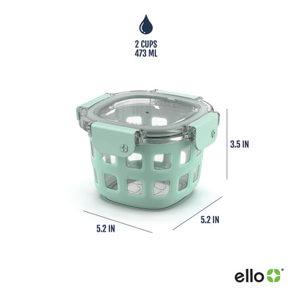 Ello DuraGlass Rounds Glass Food Storage Containers - Meal Prep Bowls with Silicone Sleeve and Airtight Lids, 2 Cup, Yucca