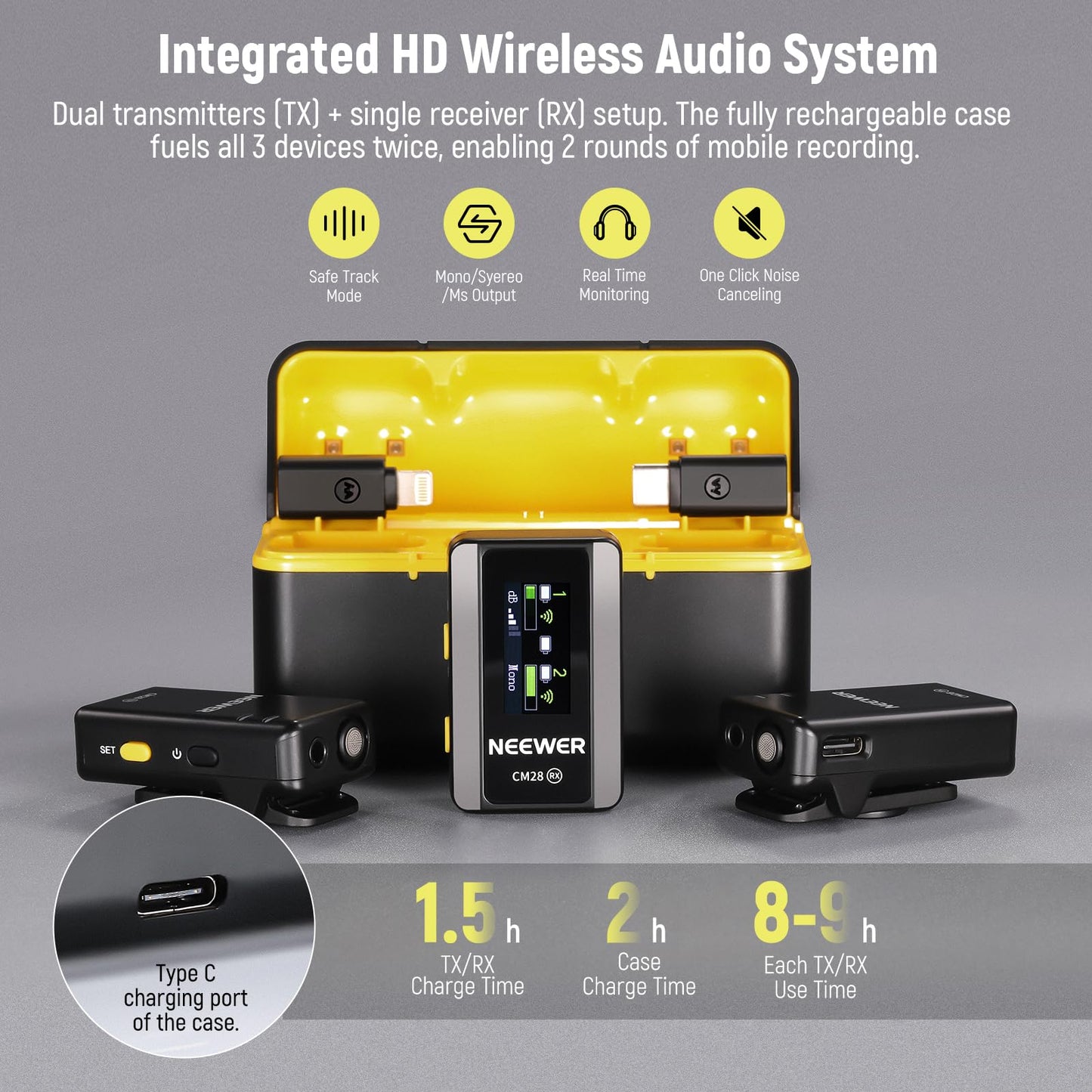 NEEWER CM28 Wireless Lavalier Microphone System with Charging Case Noise Canceling 4GB Storage 9Hrs Recording 48KHz 16 Bit Uncompressed Audio Lapel Mic Compatible with iPhone iPad Android PC Camera