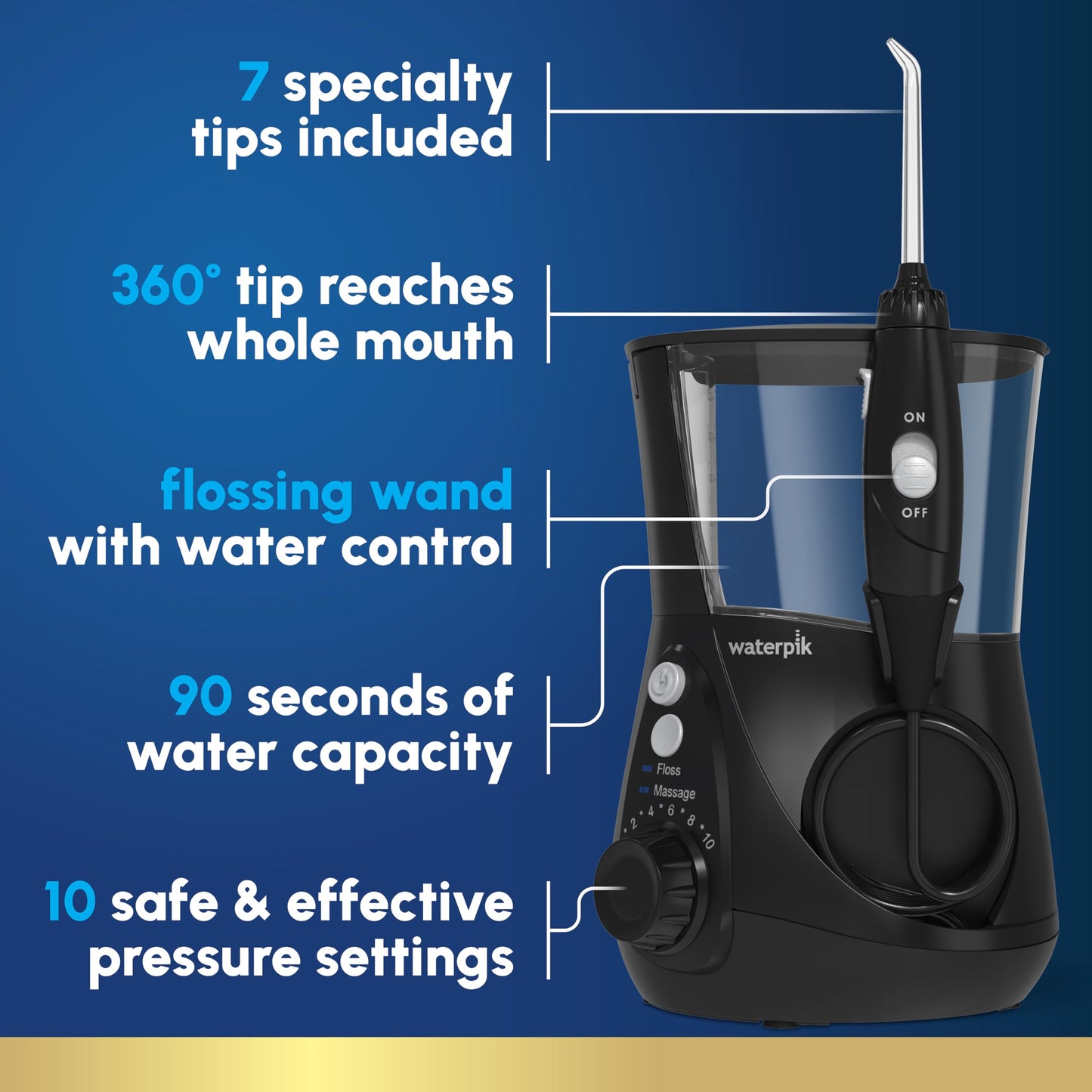Waterpik Aquarius Water Flosser Professional For Teeth, Gums, Braces, Dental Care, Electric Power With 10 Settings, 7 Tips For Multiple Users And Needs, ADA Accepted, Black WP-662, Packaging May Vary
