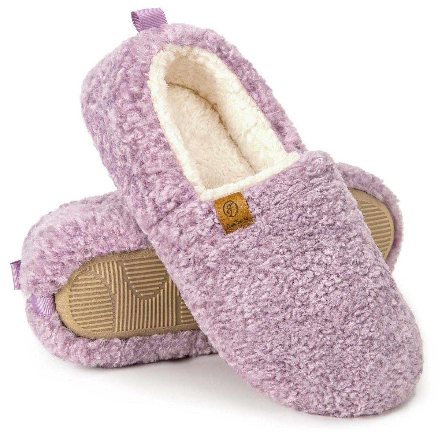 EverFoams Women’s Soft Curly Full Slippers Memory Foam Lightweight House Shoes Cozy Loafer with Polar Fleece Lining Purple,7-8 US