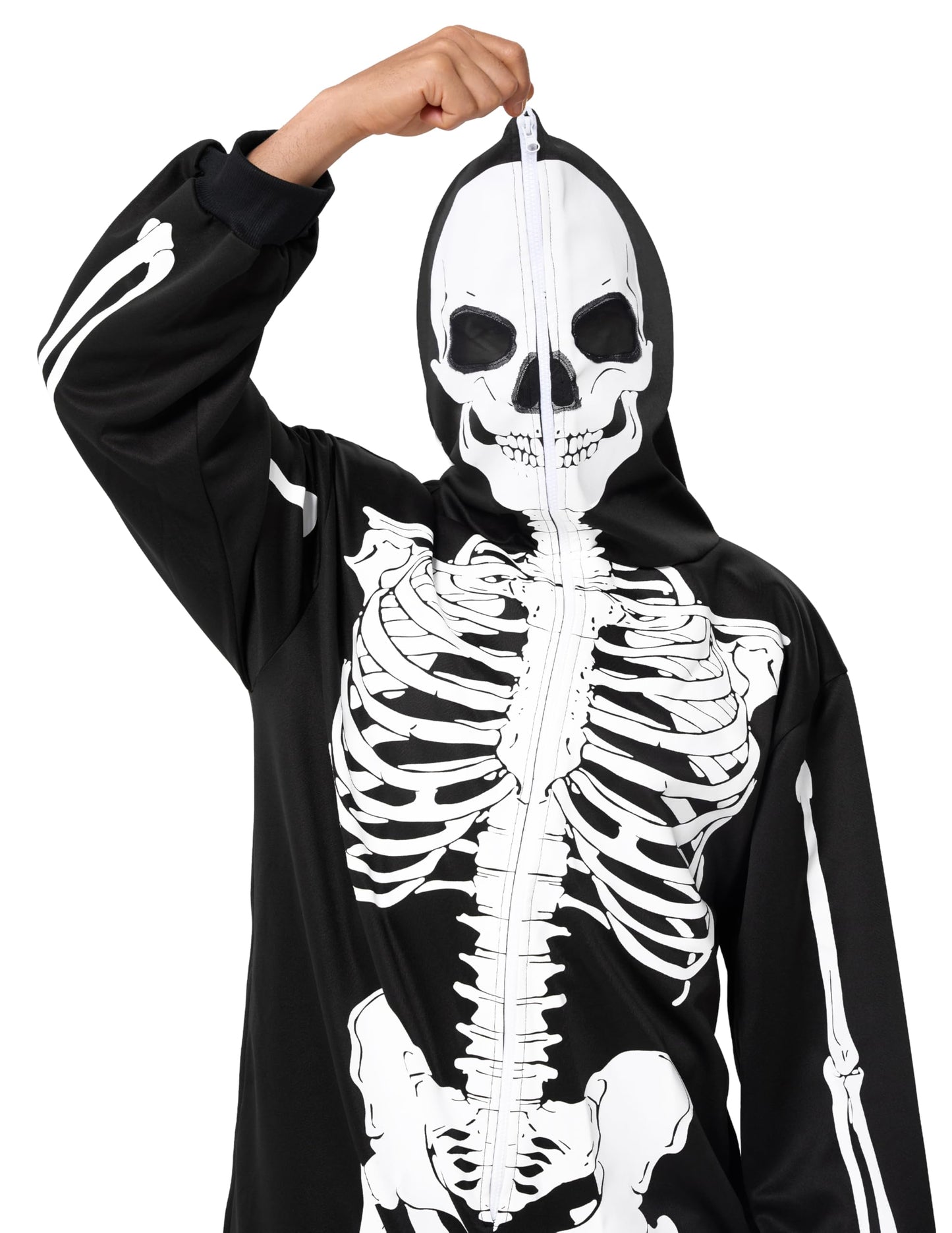Spooktacular Creations Halloween Skeleton Pajama, Skeleton Costume for Adult Men, Hooded Plush Pajamas Jumpsuit, Zip-Up Skull Jumpsuit for Adult Men Halloween Cosplay Costume Themed Parties Black