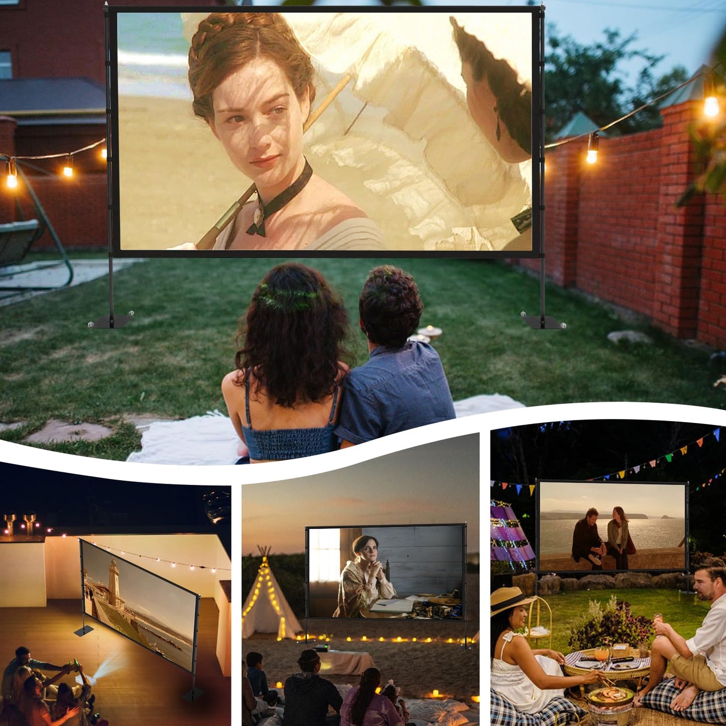 Outdoor-Projector-Screen-with-Stand - 120 inch Portable Projector Screen Indoor Outdoor Projector Screens 16:9 4K HD Lightweight Movie Screen with Carry Bag for Backyard Movie Night