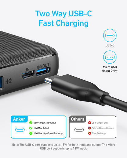 Anker Power Bank(PowerCore 10K),Compact Travel-Ready 10,000mAh Battery Pack with PowerIQ Charging Technology,5V/3A High-Speed Charging for iPhone,iPad,and More (USB-C Input and Output（Black），1pack)
