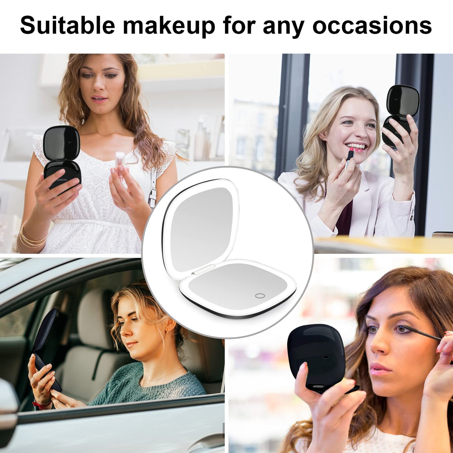 deweisn Compact Mirror, Lighted Travel Makeup Mirror with 1X/10X Magnifying Double Sided Dimmable Portable Pocket Mirror for Handbag, USB Charging(Black)