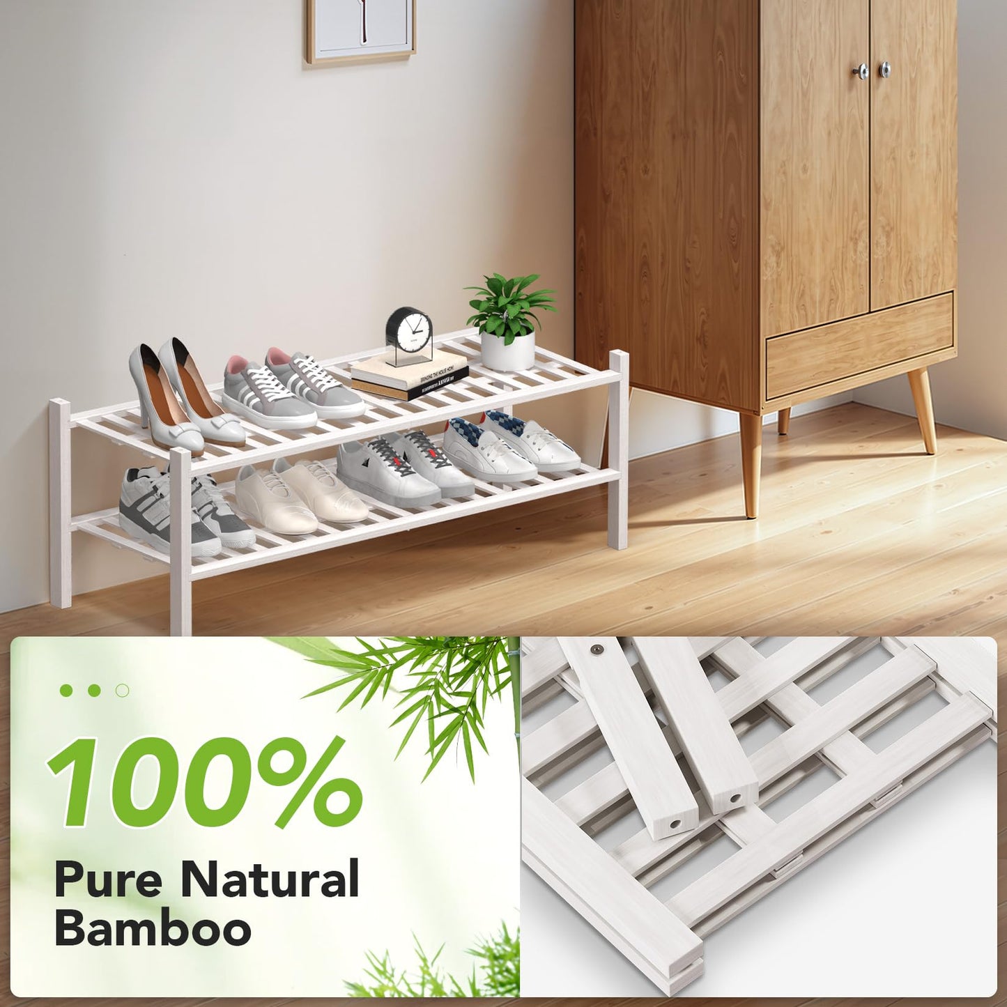 Haddockway Long 2 Tier Bamboo Shoe Rack Storage Organizer, Multifunctional Free Standing Stackable Shoe Shelf with Grid Panel for Closet,Hallway,Entryway,Small Space 34.2"x11"x13"