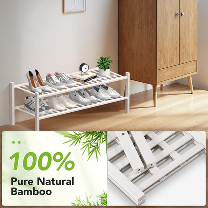 Haddockway Long 2 Tier Bamboo Shoe Rack Storage Organizer, Multifunctional Free Standing Stackable Shoe Shelf with Grid Panel for Closet,Hallway,Entryway,Small Space 34.2"x11"x13"