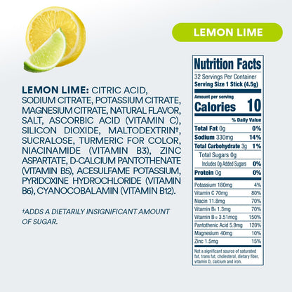 DripDrop Sugar Free Hydration Packets - Zero Lemon Lime - Single Serve Electrolytes Powder Drink Mix - Non-GMO, Gluten Free, Vegan - 32 Sticks