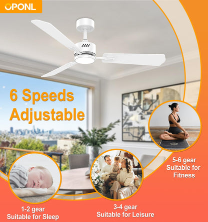 OPONL White Ceiling Fan with Light 52inch, Low Profile, Remote Control, Downrod Mount, Noiseless, Reversible, 6CCT, Dimmable, 6 speeds, Timeable, Ceiling Fans with Lights for Living Room, MDF
