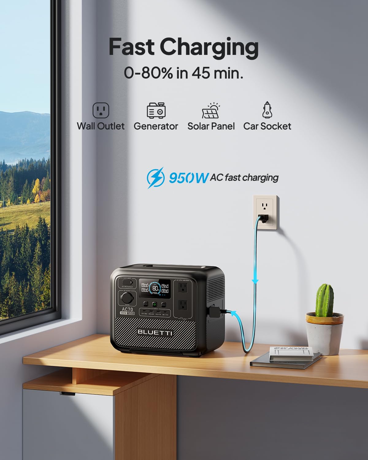 BLUETTI Solar Generator AC70 with 100W Solar Panel (Ships Separately), 768Wh Portable Power Station with 2 1000W (Power Lifting 2000W) AC Outlets, 0-80% in 45 Min, LFP Backup Power for Camping