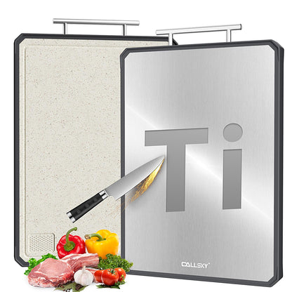 Titanium Cutting Board for Kitchen, Double Sided Non Toxic Titanium Cutting Board with JUICE GROOVE, Food-Grade Metal Chopping Board, Pure Titanium&Wheat Straw PP, Dishwasher Safe16.3”×11”-1 PC