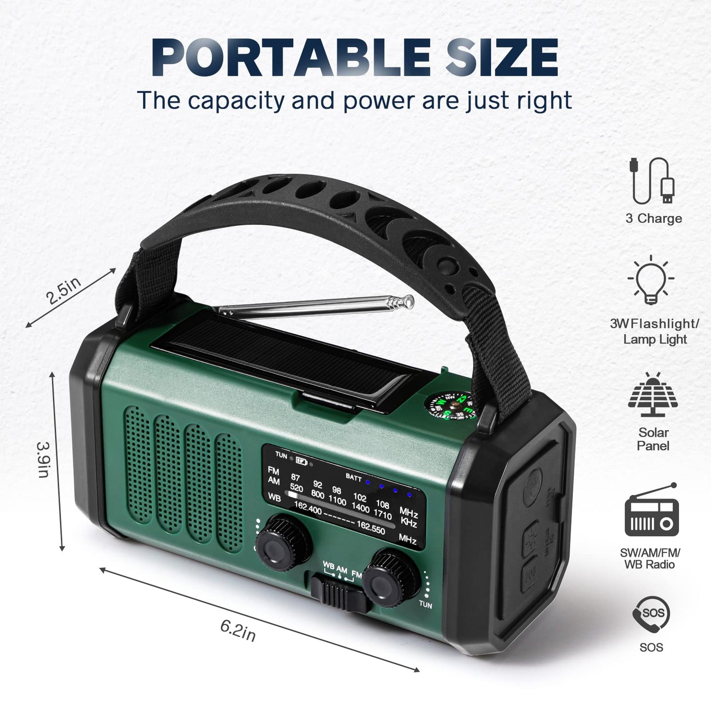 10000mAh Crank Radio, Emergency Radio, Solar Radio, NOAA/AM/FM Weather Radio, USB Type-C Charging, Dynamo Radio, Polymer Battery, Torch & LED Reading Light, SOS Alarm, Compass for Camping