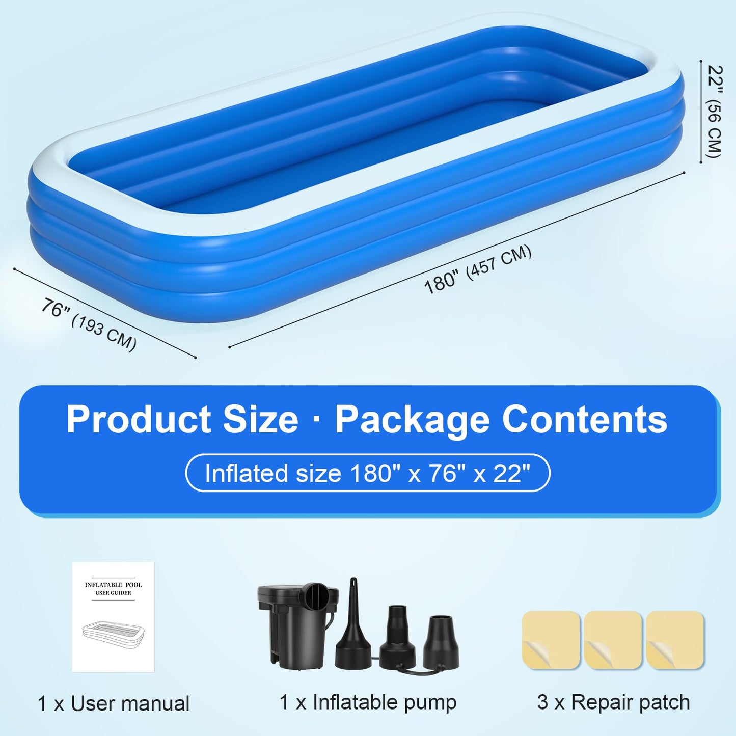 Extra Large Inflatable Pool with Pump - 180'' x 76'' x 22'' Oversized Thickened Blow Up Pool for Adults, Family Swimming Pool for Backyard, Garden and Outdoor Fun
