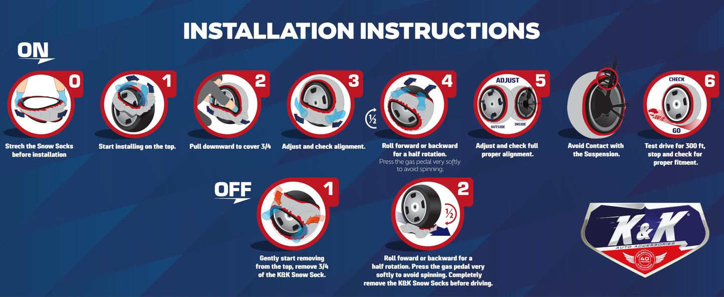 K&K Auto Snow Socks for Tires – Pro Series for Ultimate Grip Approved Snow Chain Alternative Traction Device – Tire Sock for Car SUV Van Minivan – Winter Travel Accessory Emergency Kit – XL (2pcs)