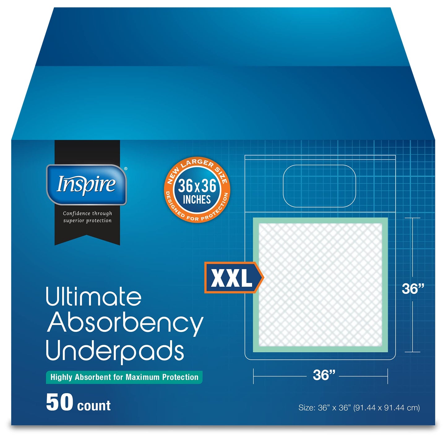 Inspire Extra Large Super Absorbent Disposable Bed Pads for Incontinence (36" X 36" Pack of 50) Ultra Thick and Absorbent Underpads Chux Adults, Puppies, Dogs Kids Furniture Protection
