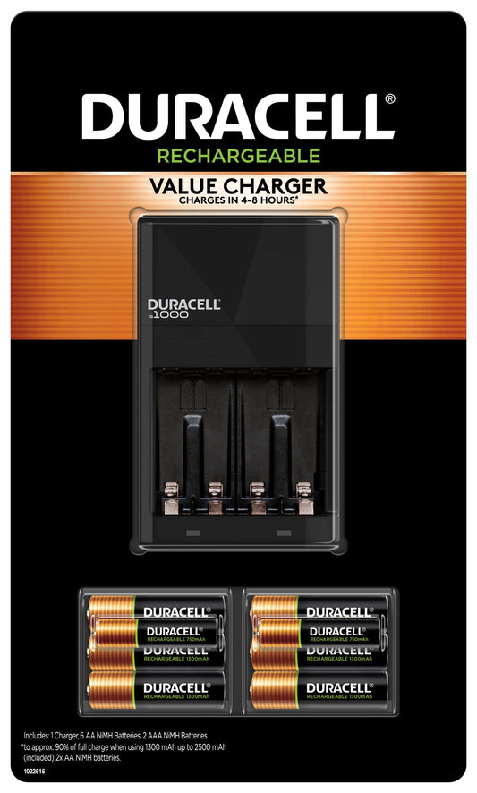 Duracell Ion Speed 1000 Charger for Rechargeable AA and AAA Batteries, Includes 6 AA and 2 AAA Pre-Charged Batteries for Household and Business