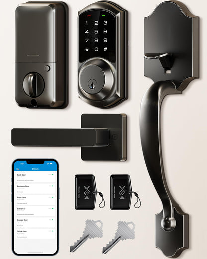 Veise Smart Front Door Lock Set, App Control, Keyless Entry Deadbolt with Lever Handle, Electronic Digital Touchscreen Keypad, Auto Lock, Easy Install, Matte Black