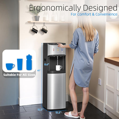 Manastin Bottom Loading Water Cooler Dispenser for 3-5 Gallon Bottles, 3 Temperature - Hot, Cold & Room Water with Child Lock, Ideal Design for Home & Office, Mirror Silver