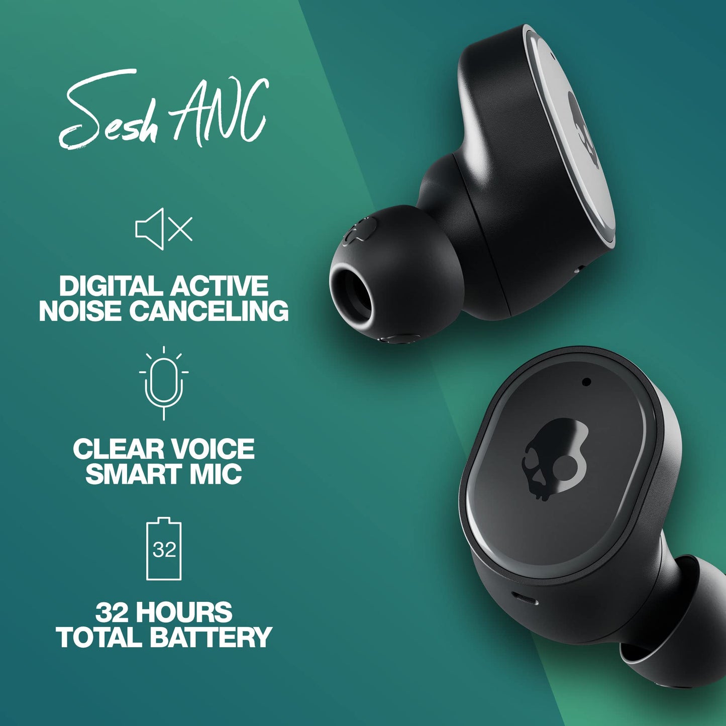 Skullcandy Sesh ANC In-Ear Noise cancelling Wireless Earbuds, 32 Hr Battery, Microphone, Works with iPhone Android and Bluetooth Devices - Black