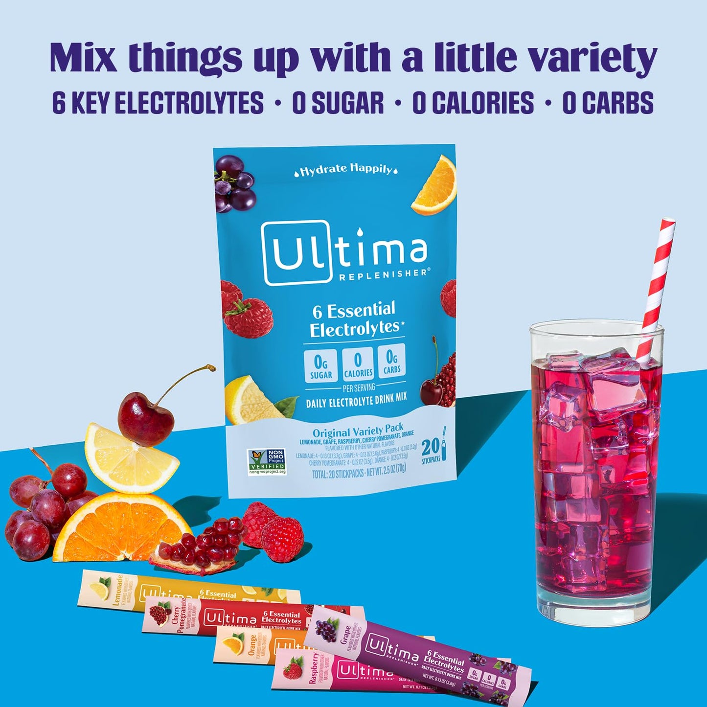 Ultima Replenisher Daily Electrolyte Drink Mix – Original Variety, 20 Stickpacks – Hydration Packets with 6 Electrolytes & Minerals – Keto Friendly, Vegan, Non- GMO & Sugar-Free Electrolyte Powder