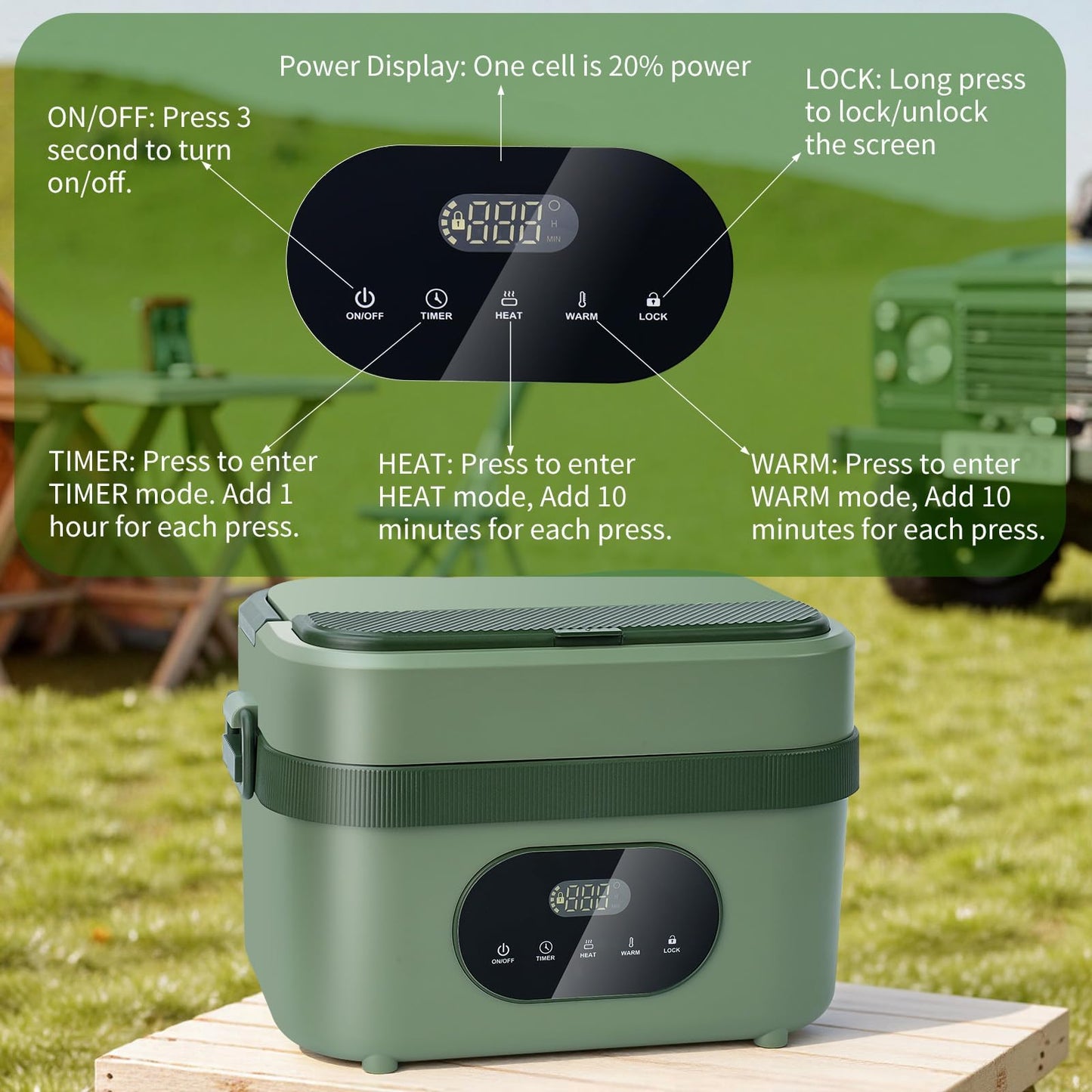 MDHAND Heated Lunch Box - Cordless Electric Lunch Box for Adults, 18000mAh Battery Powered Self Heating Food Warmer for Office Work Car Travel Outdoors, Scheduled Heating & 1.5L Stainless Container