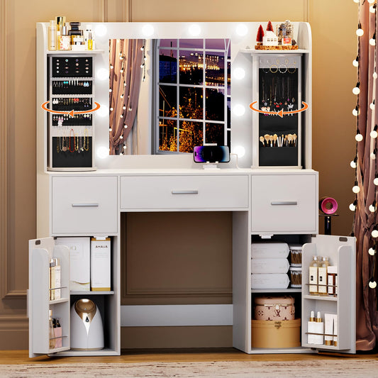 EasyCom Vanity Desk with Rotating Jewelry Organizers, Makeup Vanity with Mirror and Lights, Dressing Table with USB-C Charging Station, 3 Drawers and 2 Cabinets for Bedroom, Dressing Room, White