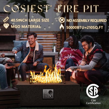 COSIEST Outdoor Propane Fire Pit Coffee Table w Square Faux Stone 35-inch Base, CSA Certified, 50,000 BTU Stainless Steel Burner, Free Lava Rocks and Rain Cover, Wind Guard, Tank Cover, Brown