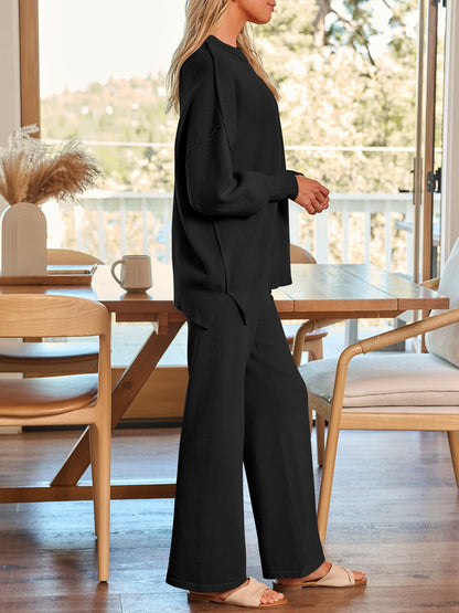 LILLUSORY Lounge Sets For Women 2 Two Piece Outfits 2025 Fall Winter Airport Trendy Matching knit Sweat Suit Sweaters Pants Sweatsuit Loungewear Cute Travel Fashion Clothes Black M